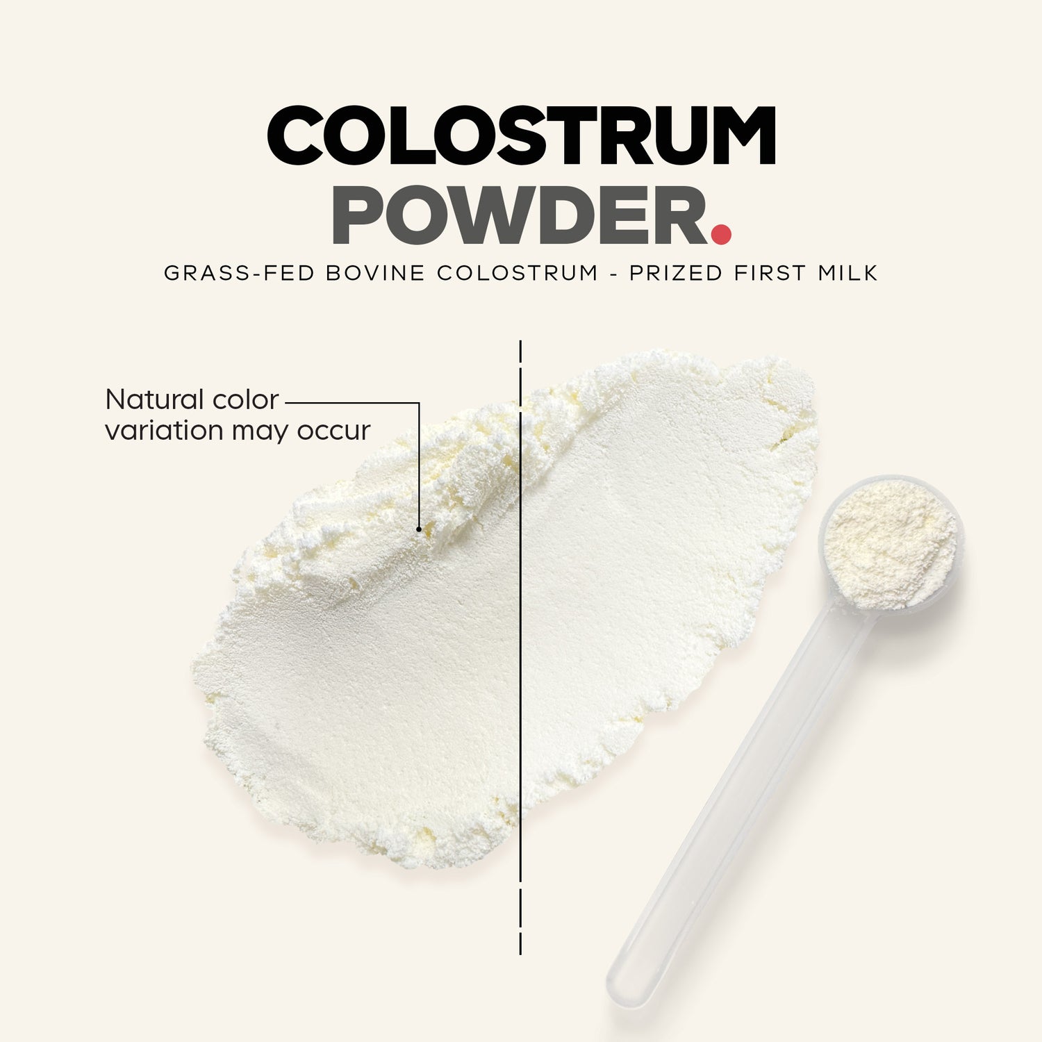 CDG038 | Colostrum powder infographic with scoop of powder and note that natural color variation may occur