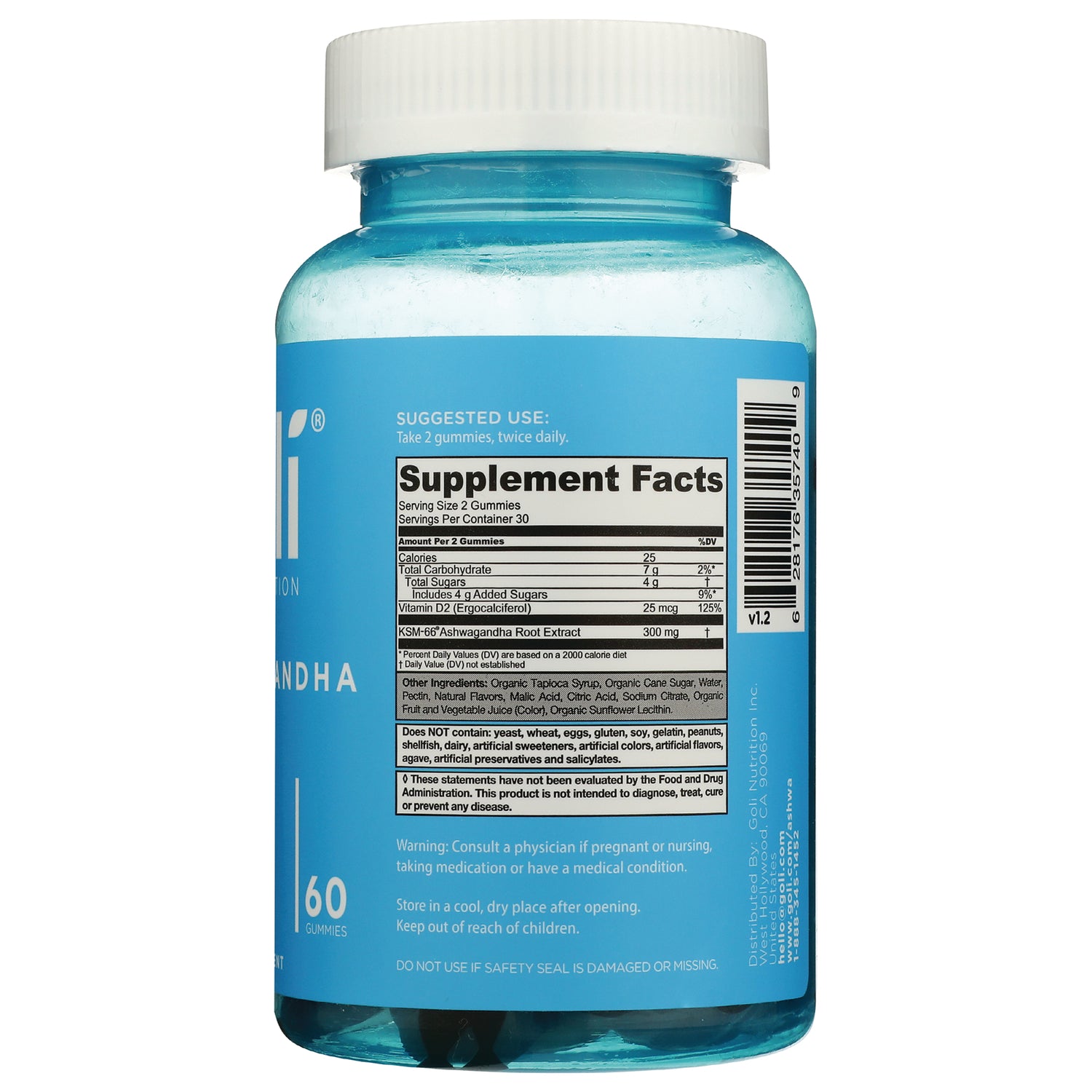 GOL003 | Back of blue gummy bottle showing Supplement Facts panel, ingredient text, and barcode