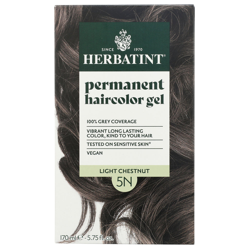 HBT001 | Herbatint permanent haircolor gel box front showing 5N Light Chestnut shade and model's hair - Thumbnail