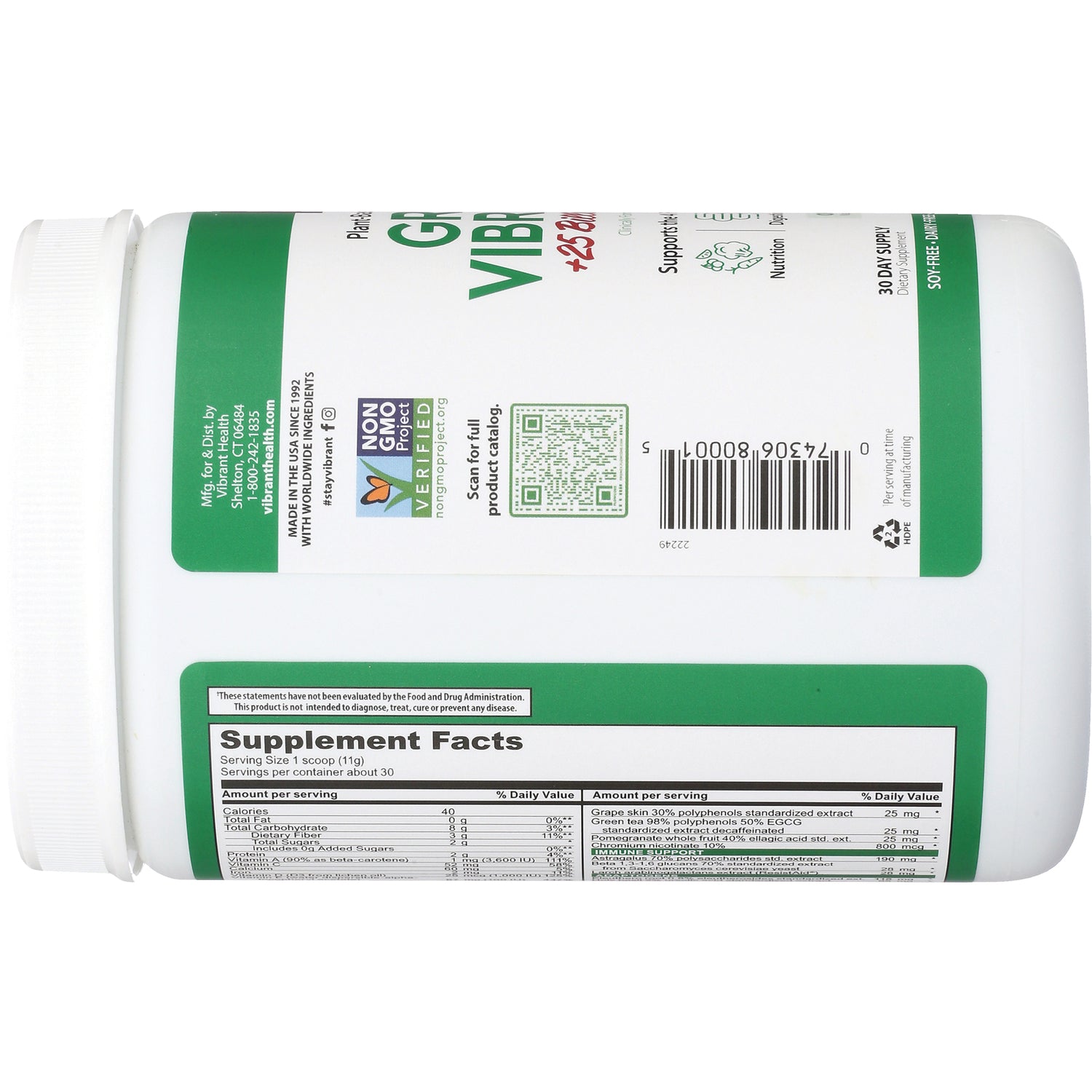 VH002 | Back label with Supplement Facts panel, QR code, and barcode on green and white supplement jar