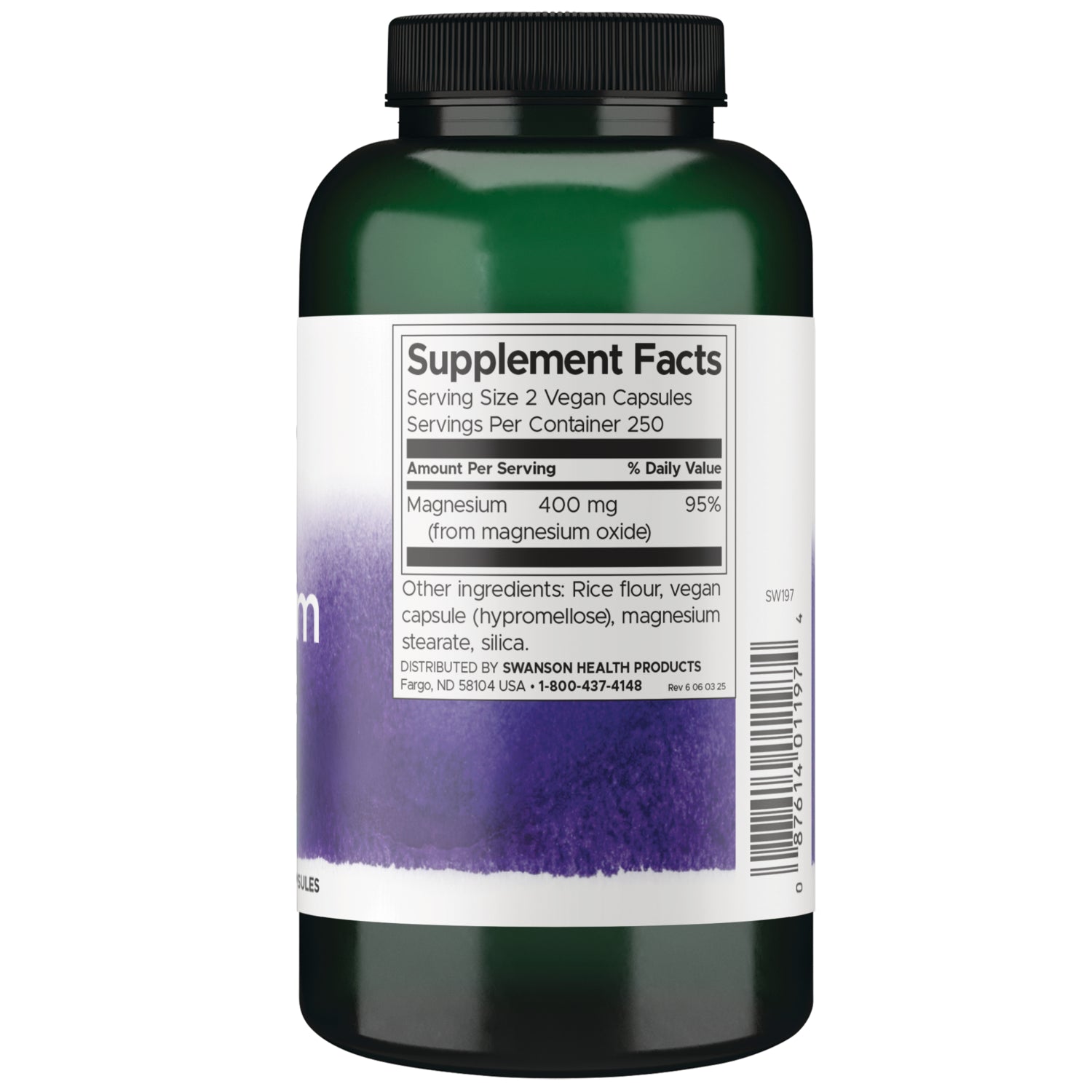 SW816 | Supplement Facts panel: Magnesium (as magnesium oxide) 400 mg, 95% DV