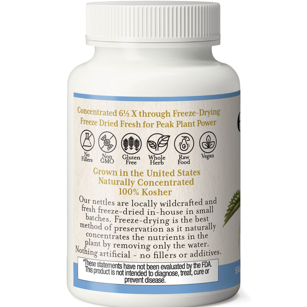 White supplement bottle back label with freeze-dried and 100% Kosher claims, icons for non-GMO and gluten-free, and a product disclaimer - Thumbnail