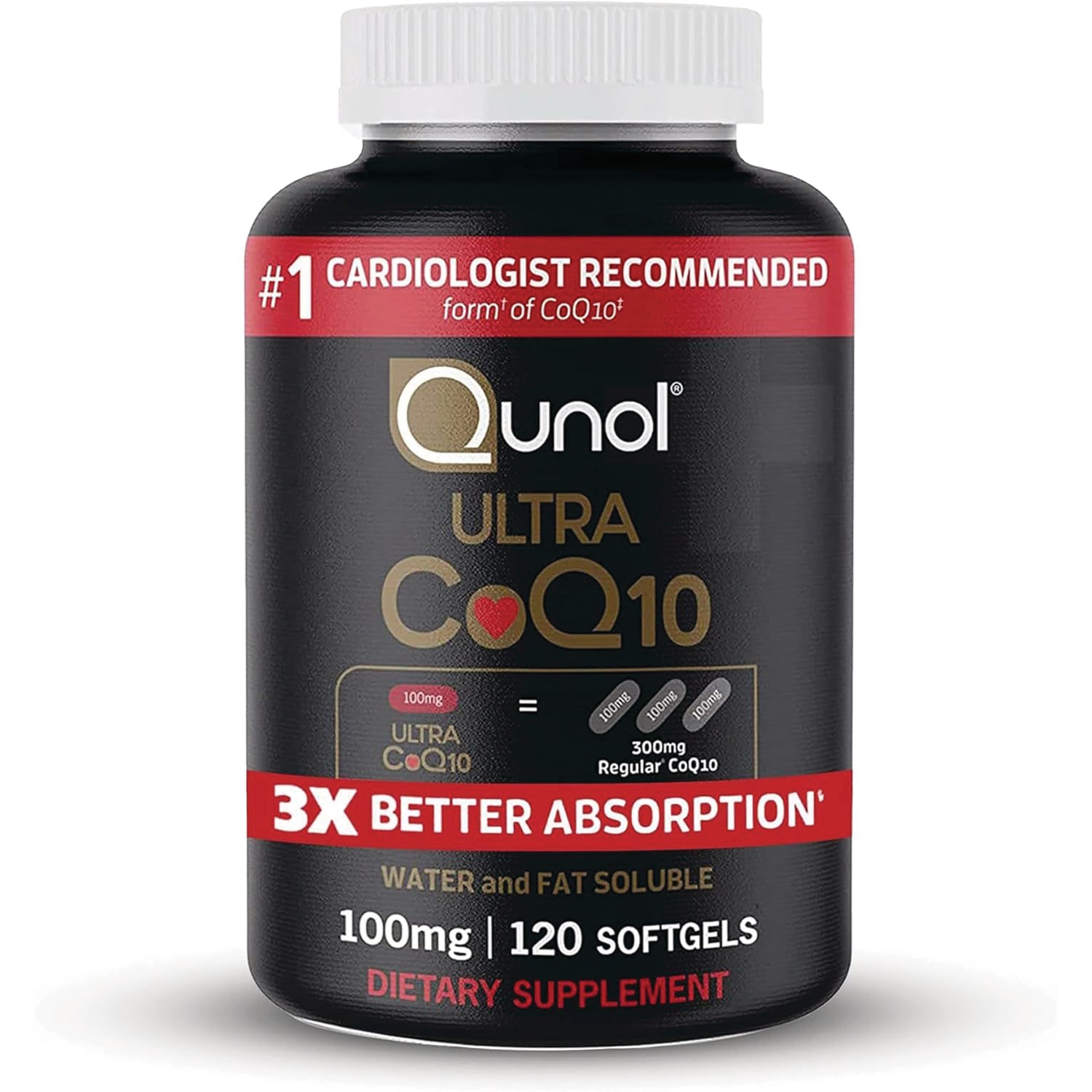 QNL002 | Qunol Ultra CoQ10 black bottle front label, 100 mg, 120 softgels, 3X better absorption