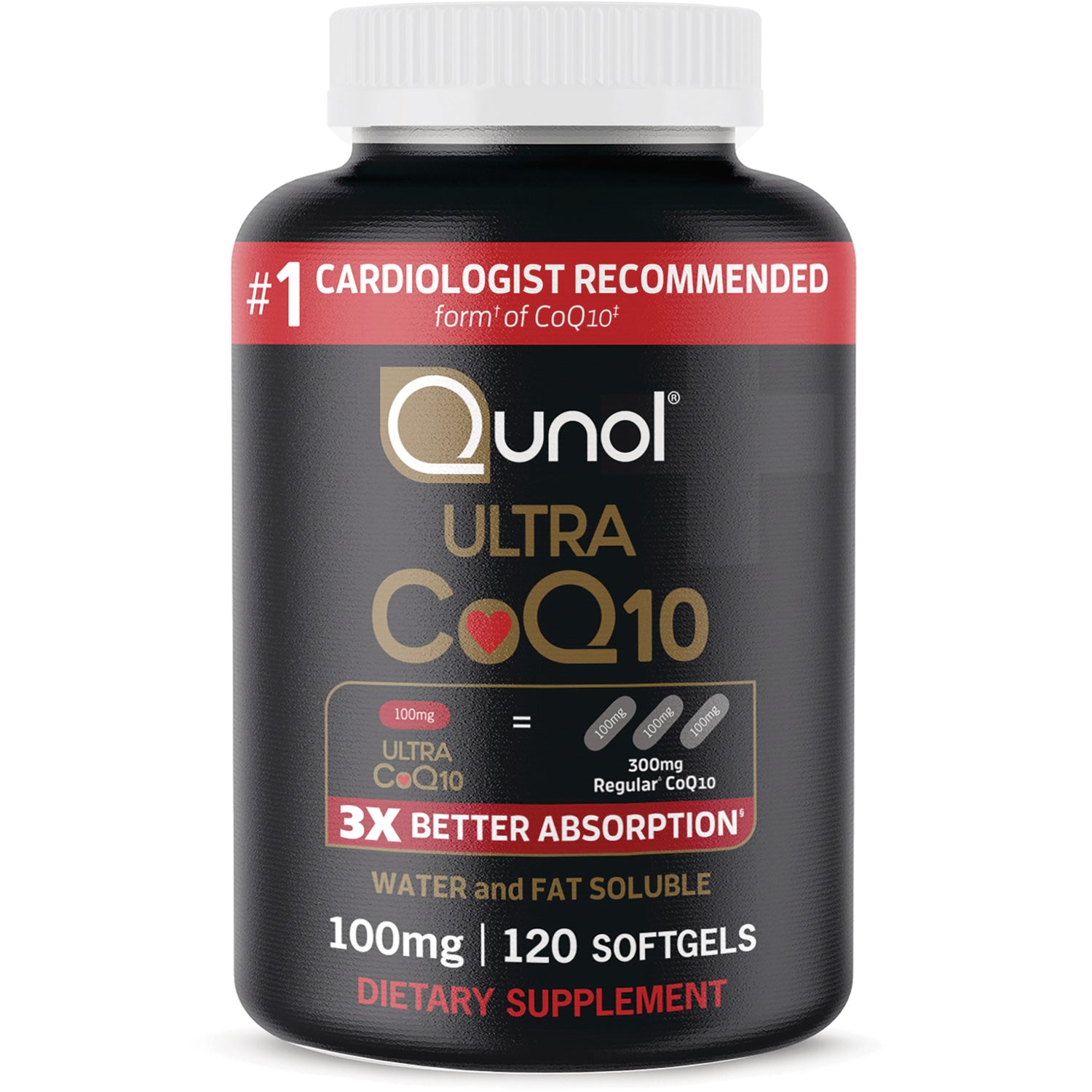 QNL002 | Qunol Ultra CoQ10 black bottle front label, 100 mg, 120 softgels, 3X better absorption