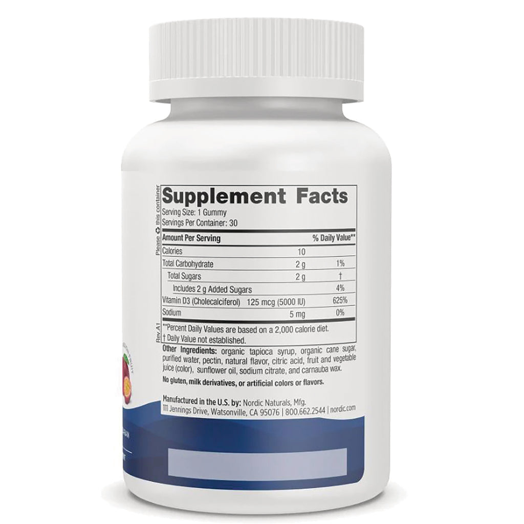 NRN125 | back of white supplement bottle showing Supplement Facts panel listing serving size 1 gummy and Vitamin D3 125 mcg (5000 IU) - Thumbnail
