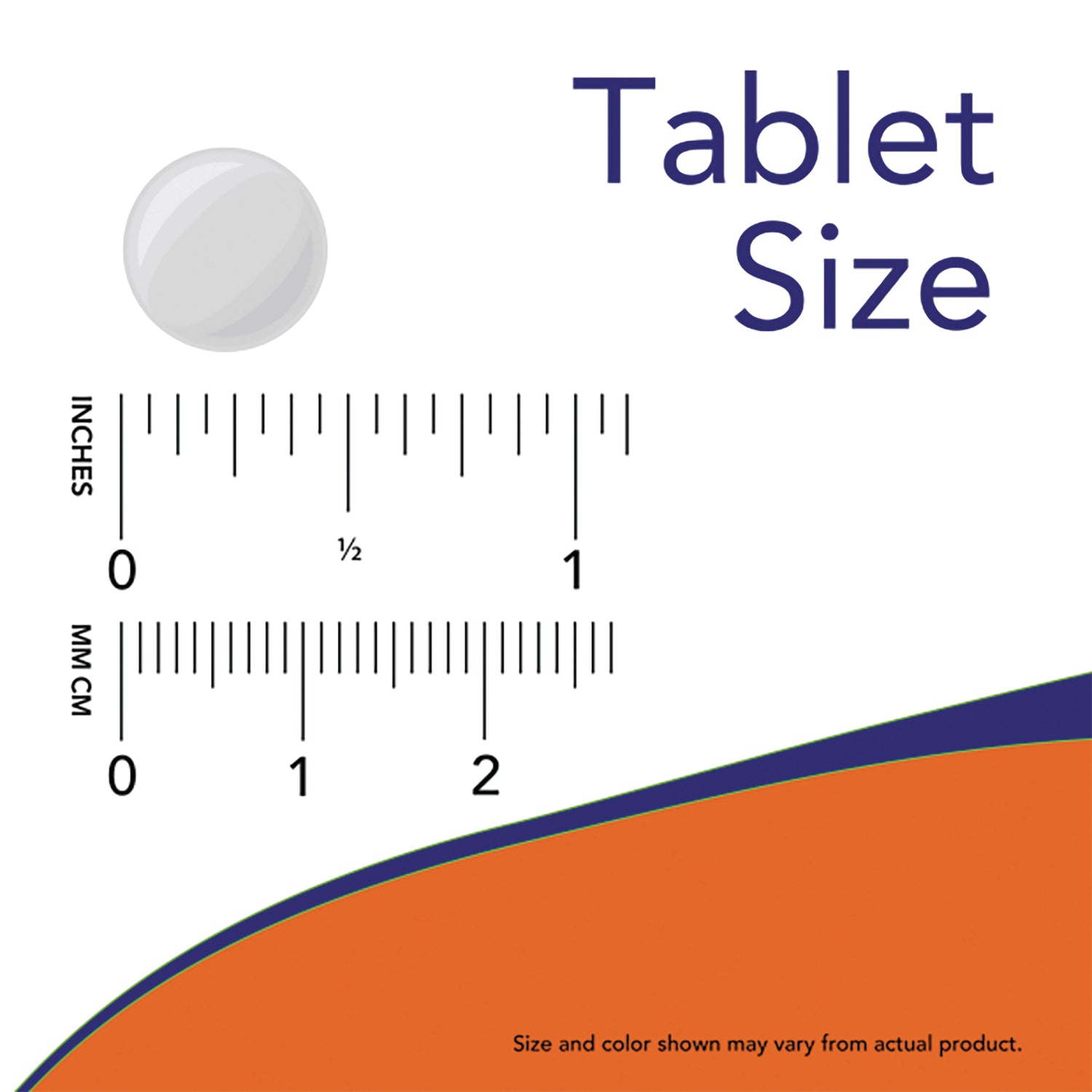 NWF1390 | round tablet beside inch and mm rulers indicating size, heading Tablet Size