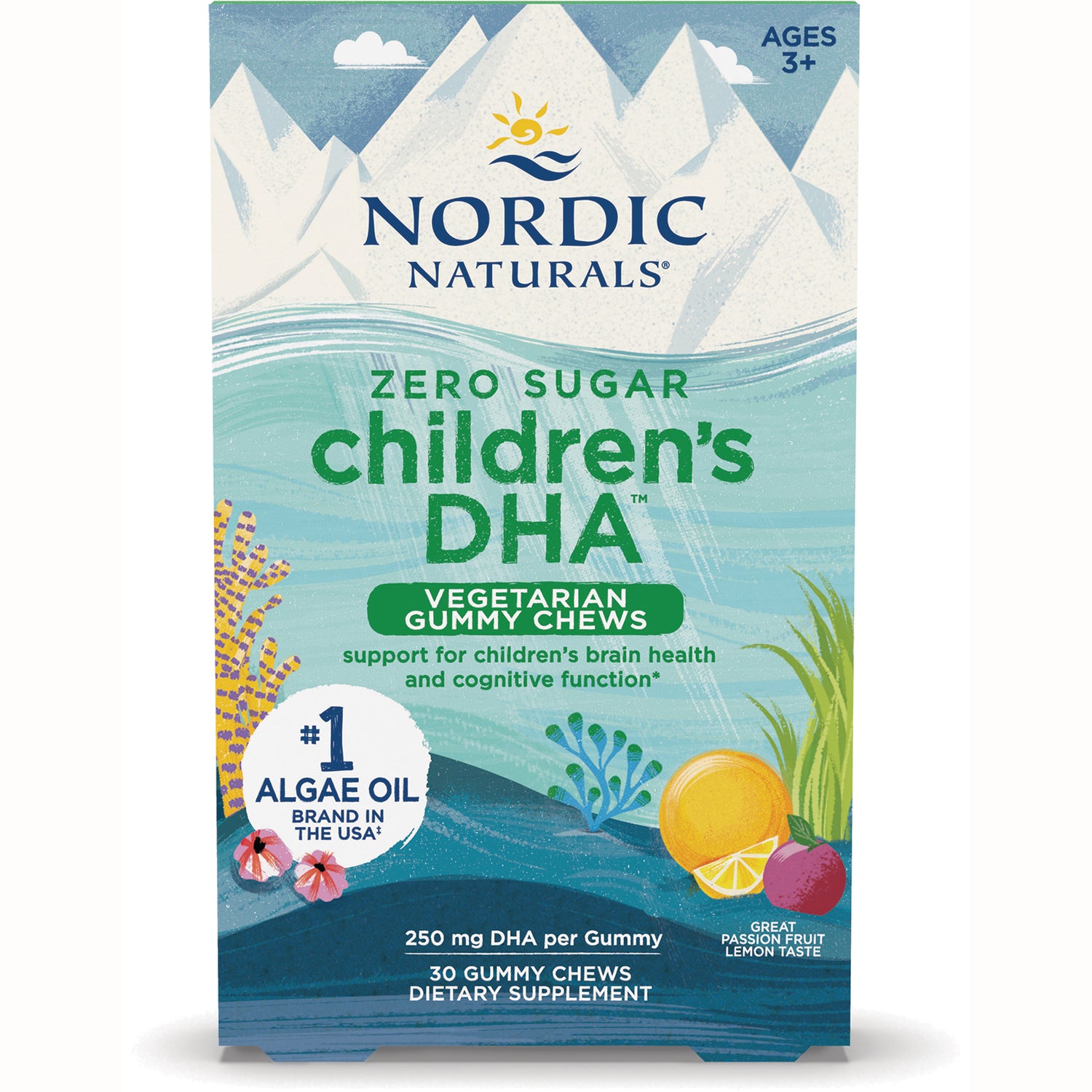 NRN134 | Nordic Naturals Zero Sugar children's DHA vegetarian gummy chews front packaging with fruit illustration