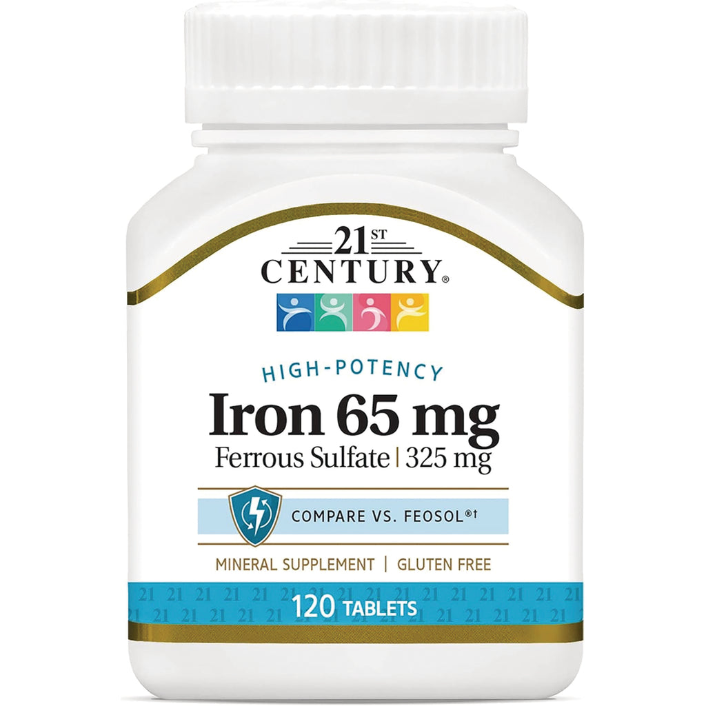 CNT280 | 21st Century Iron 65 mg ferrous sulfate 325 mg white bottle, mineral supplement, 120 tablets - Thumbnail