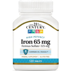 CNT280 | 21st Century Iron 65 mg ferrous sulfate 325 mg white bottle, mineral supplement, 120 tablets