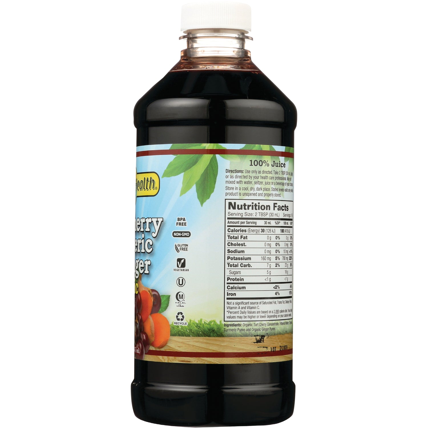 DYH055 | Back of dark juice bottle showing nutrition facts panel and label reading 100% Juice