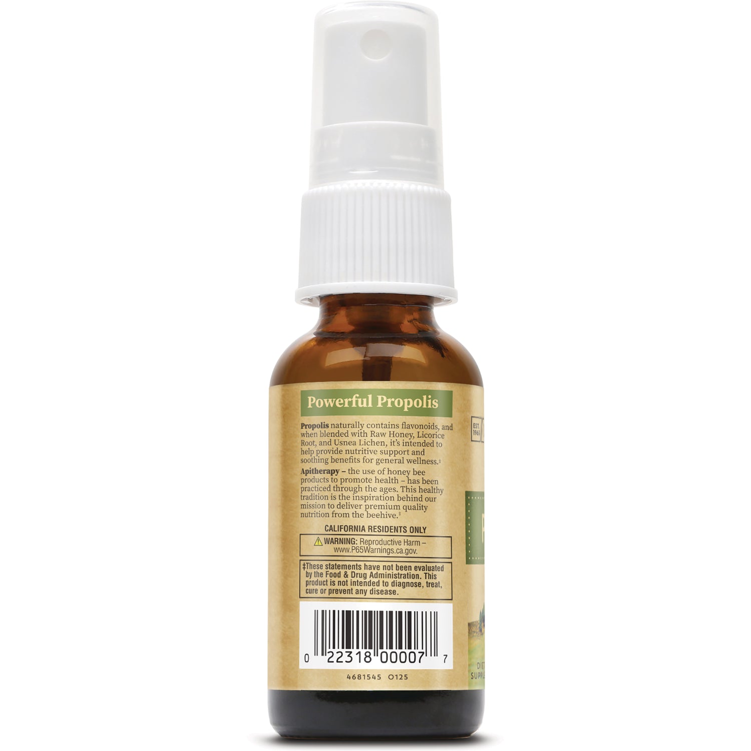 HGR003 | Back label of brown spray bottle reading Powerful Propolis with barcode and warning text