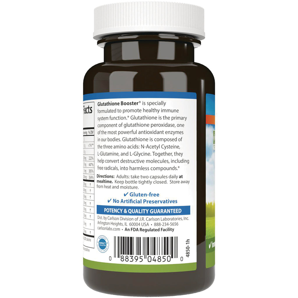 CSN206 | Back label of brown supplement bottle showing Glutathione Booster text, directions, ingredient panel and barcode - Thumbnail