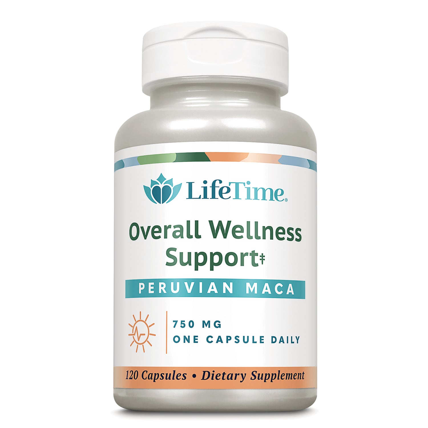 LFT068 | LifeTime Overall Wellness Support Peruvian Maca bottle labeled 750 mg, 120 capsules