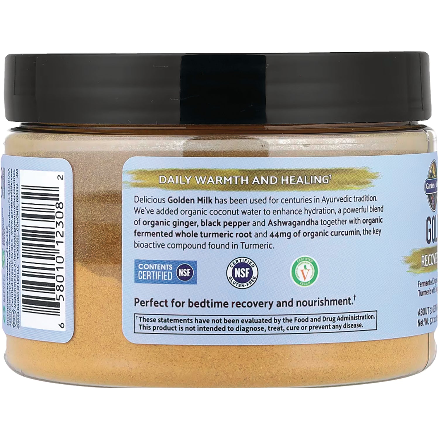 GLF258 | Back label of golden milk powder jar reading Daily Warmth and Healing with usage text, certification icons and barcode