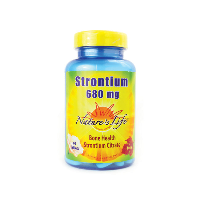 NSL014 | Blue bottle labeled Strontium 680 mg Nature's Life bone health strontium citrate, 60 tablets