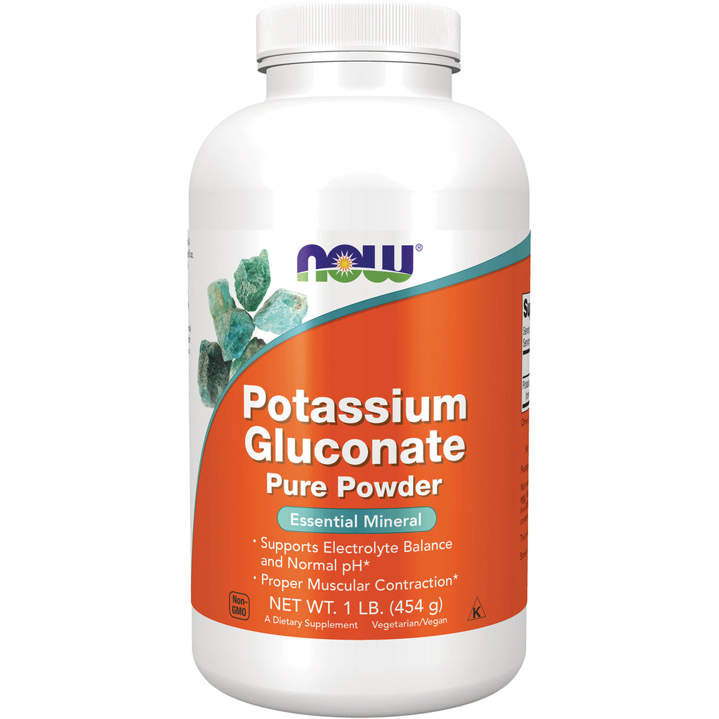 NWF114 | NOW Potassium Gluconate Pure Powder front label on 1 lb bottle with Essential Mineral callout - Thumbnail