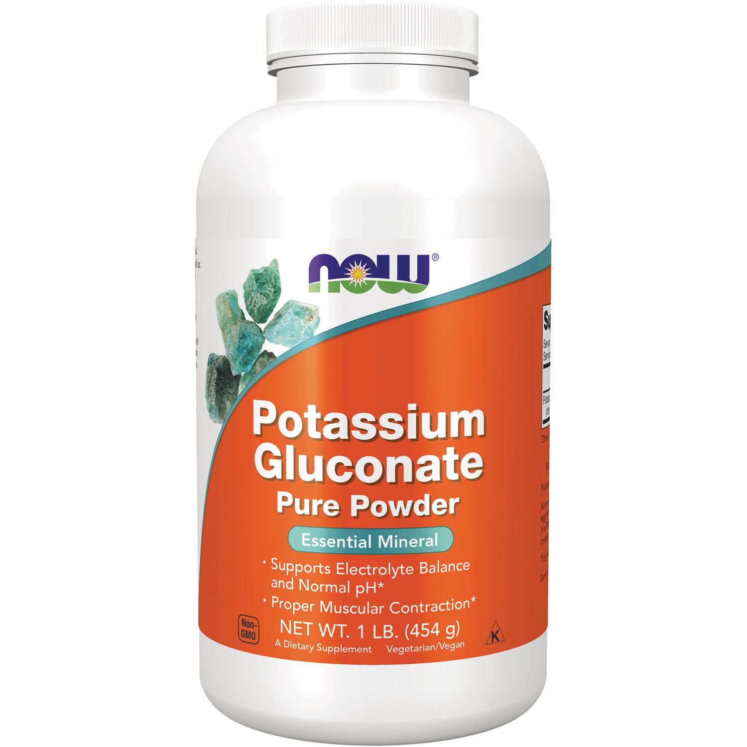 NWF114 | NOW Potassium Gluconate Pure Powder front label on 1 lb bottle with Essential Mineral callout