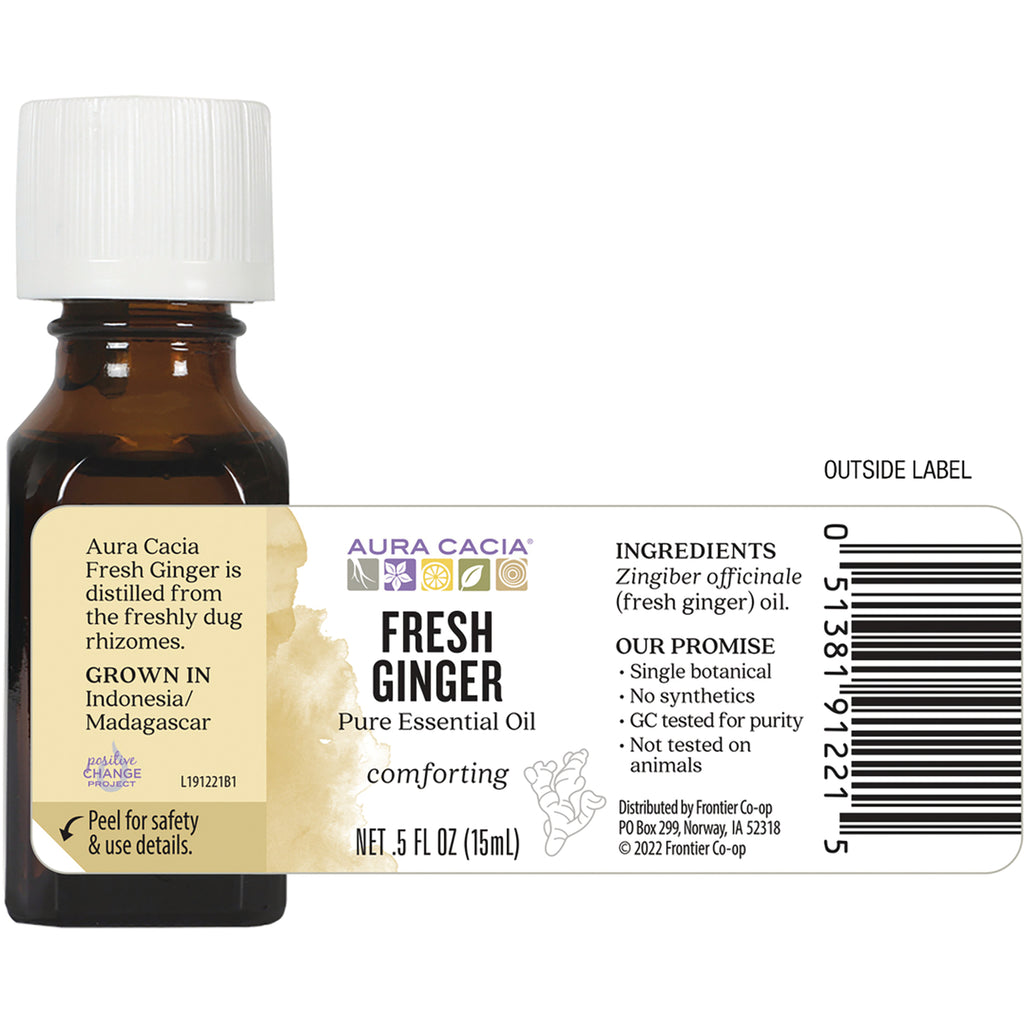 ARC270 | back label of Aura Cacia Fresh Ginger essential oil bottle showing ingredients, product claims, and barcode - Thumbnail