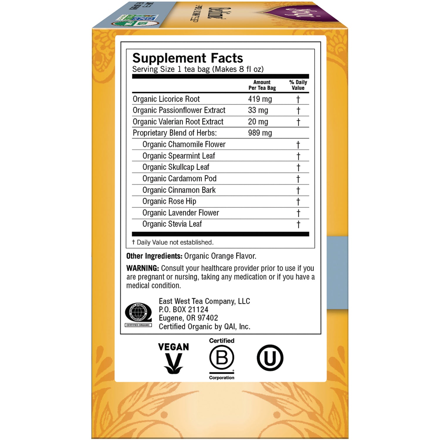 AHW001 | Supplement Facts panel showing ingredients, serving size, warning, and vegan and certification logos