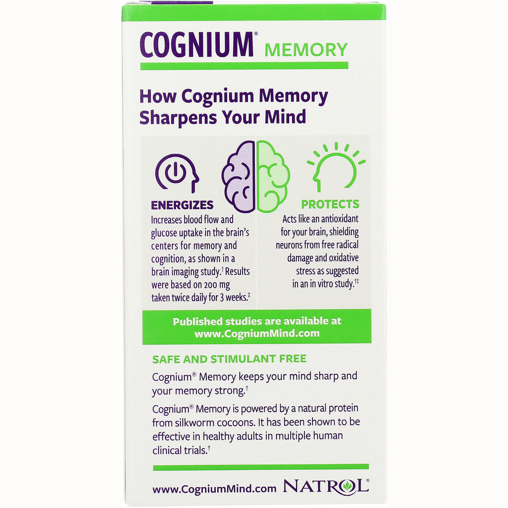 NA606 | Cognium Memory product infographic showing energizes and protects benefits with brain icons and usage claims - Thumbnail