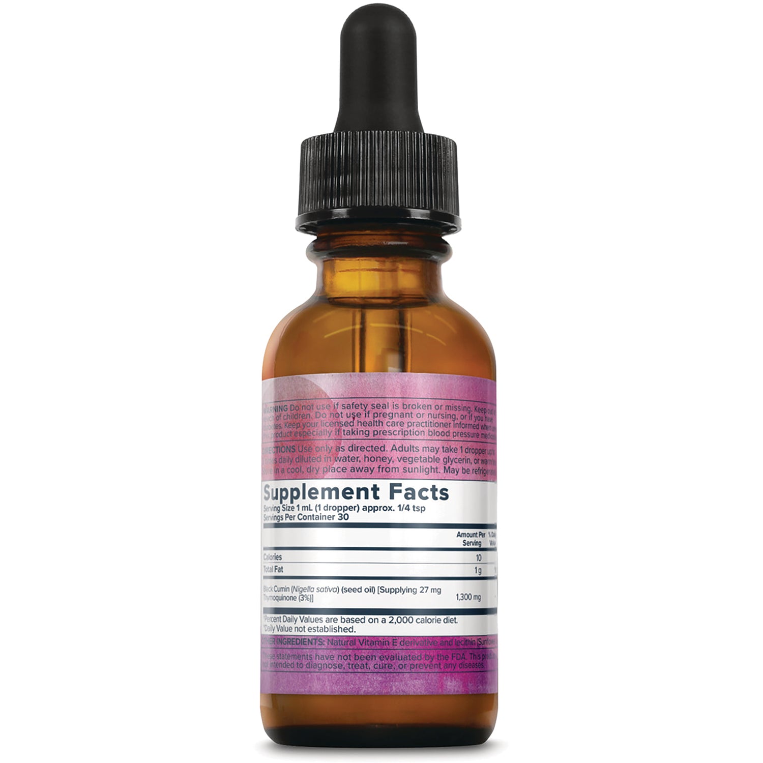 HTG105 | Amber dropper bottle back showing Supplement Facts label and ingredients text