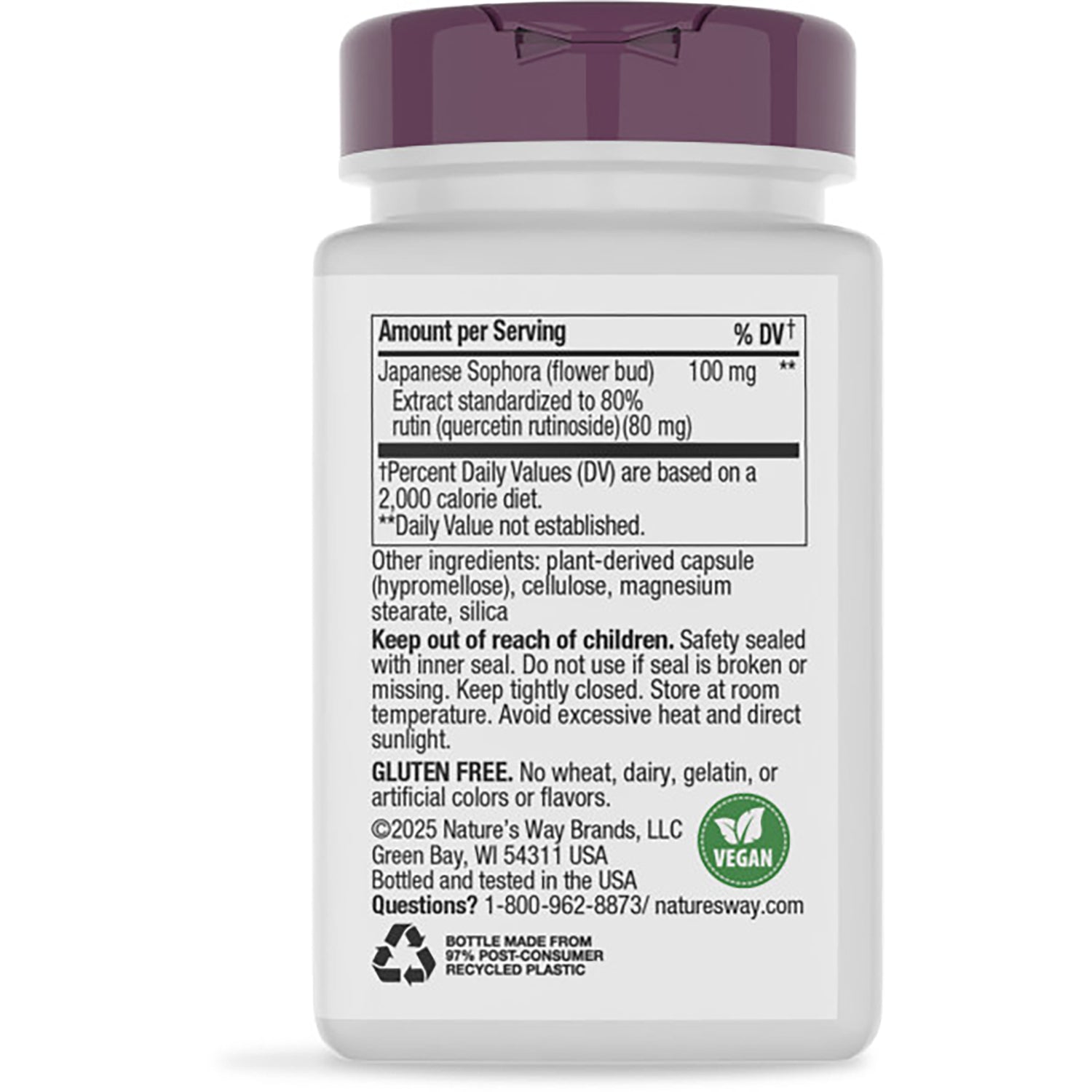 ET423 | Back of white supplement bottle showing supplement facts panel, ingredient list, gluten free and vegan icons