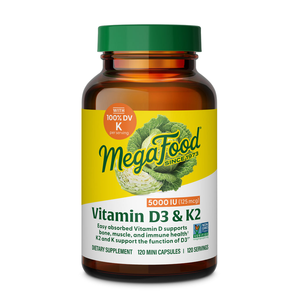 MGF111 | Amber supplement bottle with yellow MegaFood label Vitamin D3 & K2 5000 IU, 120 mini capsules - Thumbnail