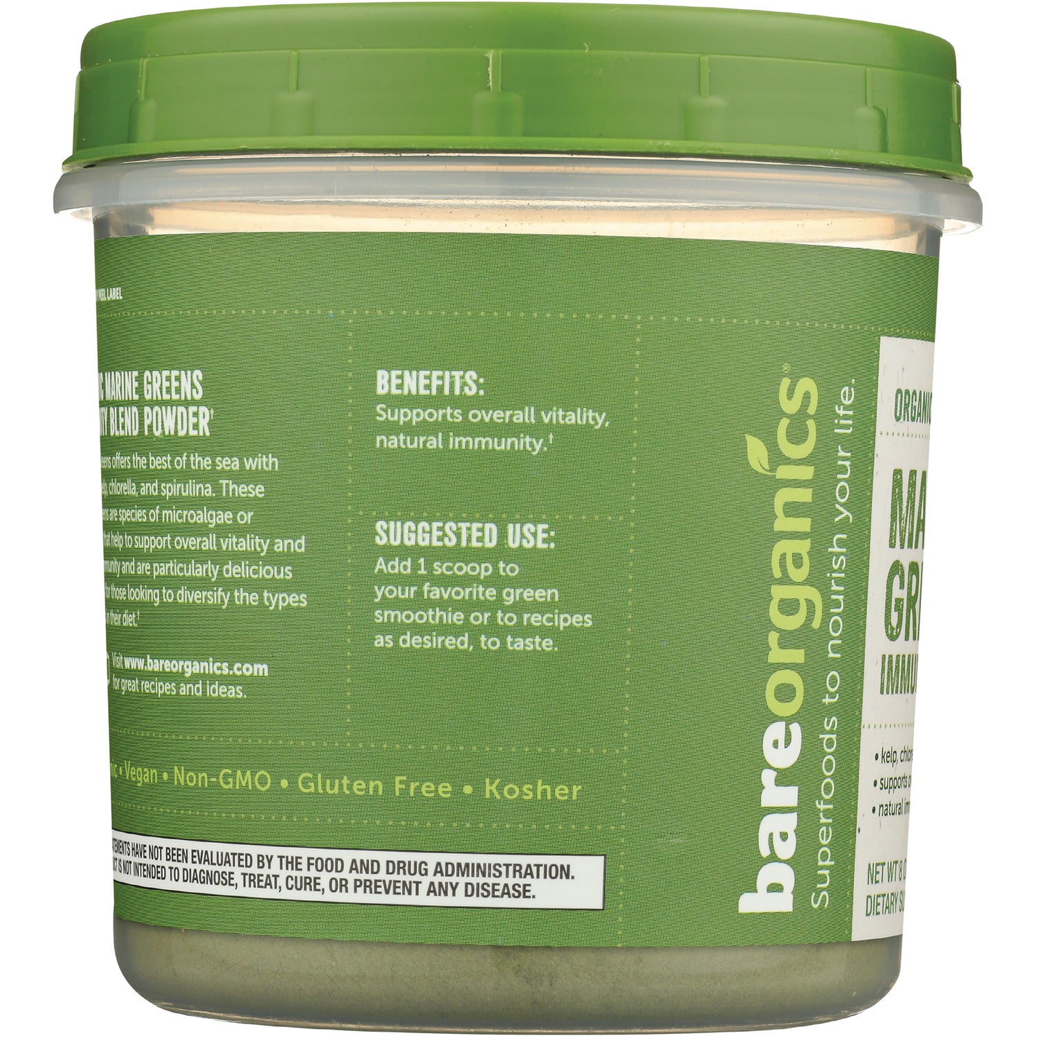 BOR012 | green tub label showing benefits and suggested use for marine greens powder, includes Benefits and Suggested Use text