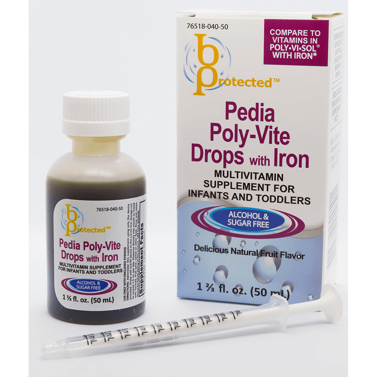 Bottle, dosing syringe, and box labeled Pedia Poly-Vite Drops with Iron multivitamin for infants and toddlers