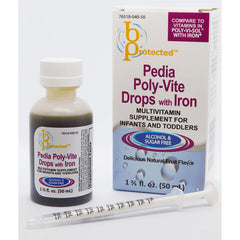 Bottle, dosing syringe, and box labeled Pedia Poly-Vite Drops with Iron multivitamin for infants and toddlers