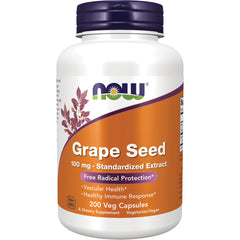 NWF313 | NOW Grape Seed 100 mg standardized extract bottle, 200 veg capsules