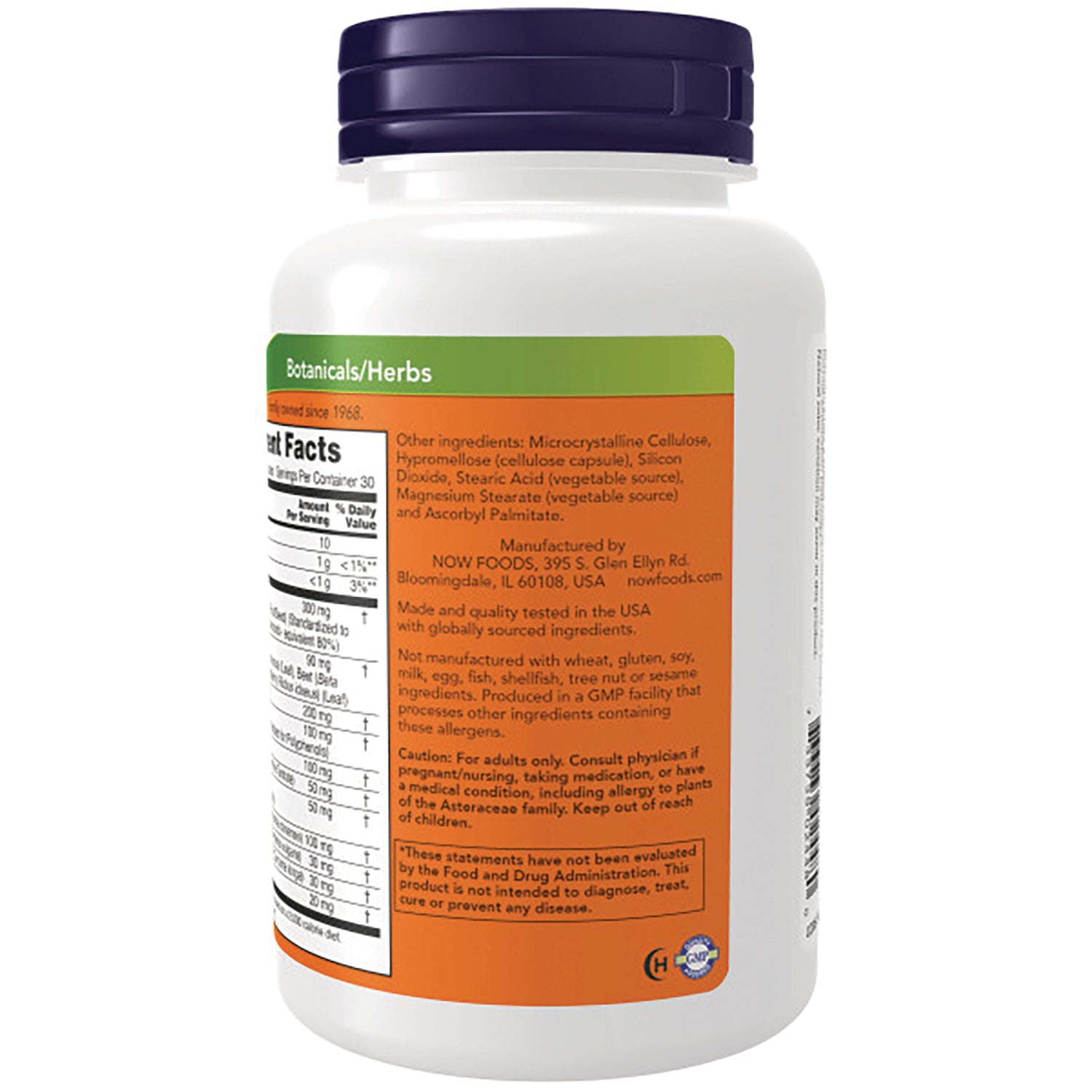 NWF043 | Back of white supplement bottle showing orange ingredients panel and supplement facts label