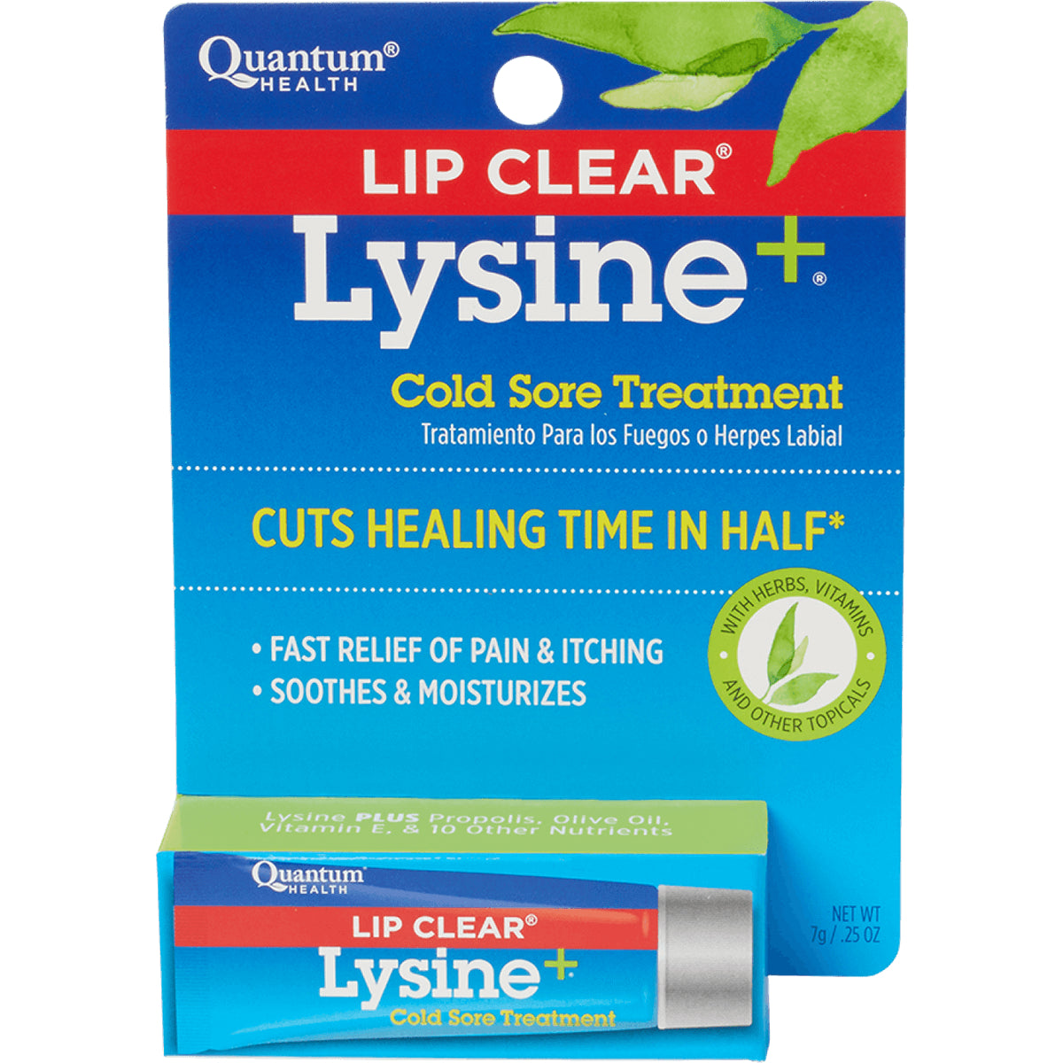 QU039 | Lysine+ Lip Clear cold sore treatment retail card and tube showing branding and product claims