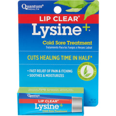 QU039 | Lysine+ Lip Clear cold sore treatment retail card and tube showing branding and product claims