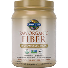 GLF121 | Garden of Life Raw Organic Fiber tub showing front label with 15 organic superfoods and certification badges