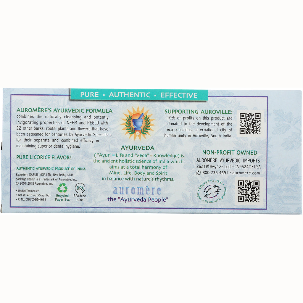 AUR007 | product infographic of Auromre toothpaste box showing Ayurvedic formula, benefits, and QR codes - Thumbnail