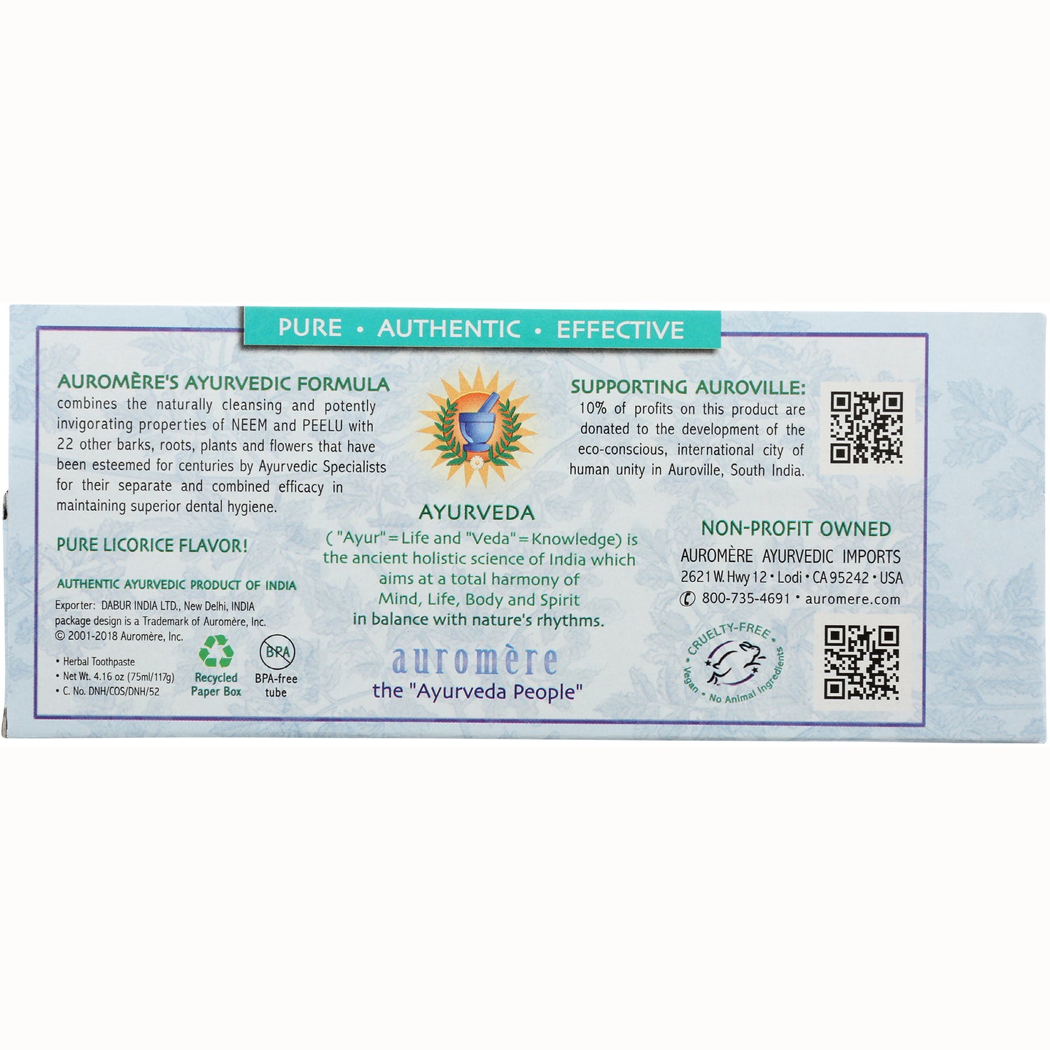 AUR007 | product infographic of Auromre toothpaste box showing Ayurvedic formula, benefits, and QR codes