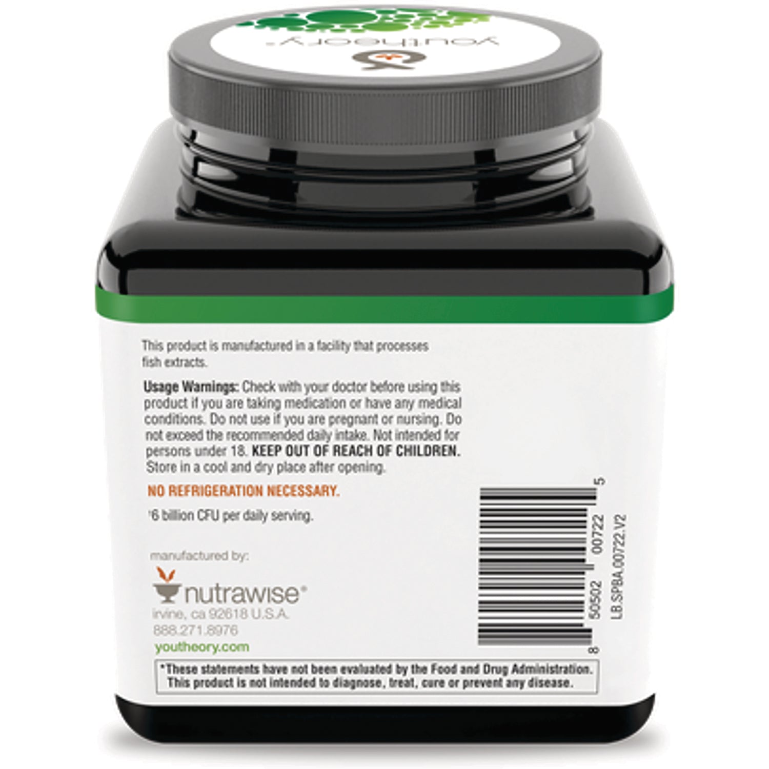 YOU018 | Back of Youtheory bottle with usage warnings, barcode, and text: No refrigeration necessary