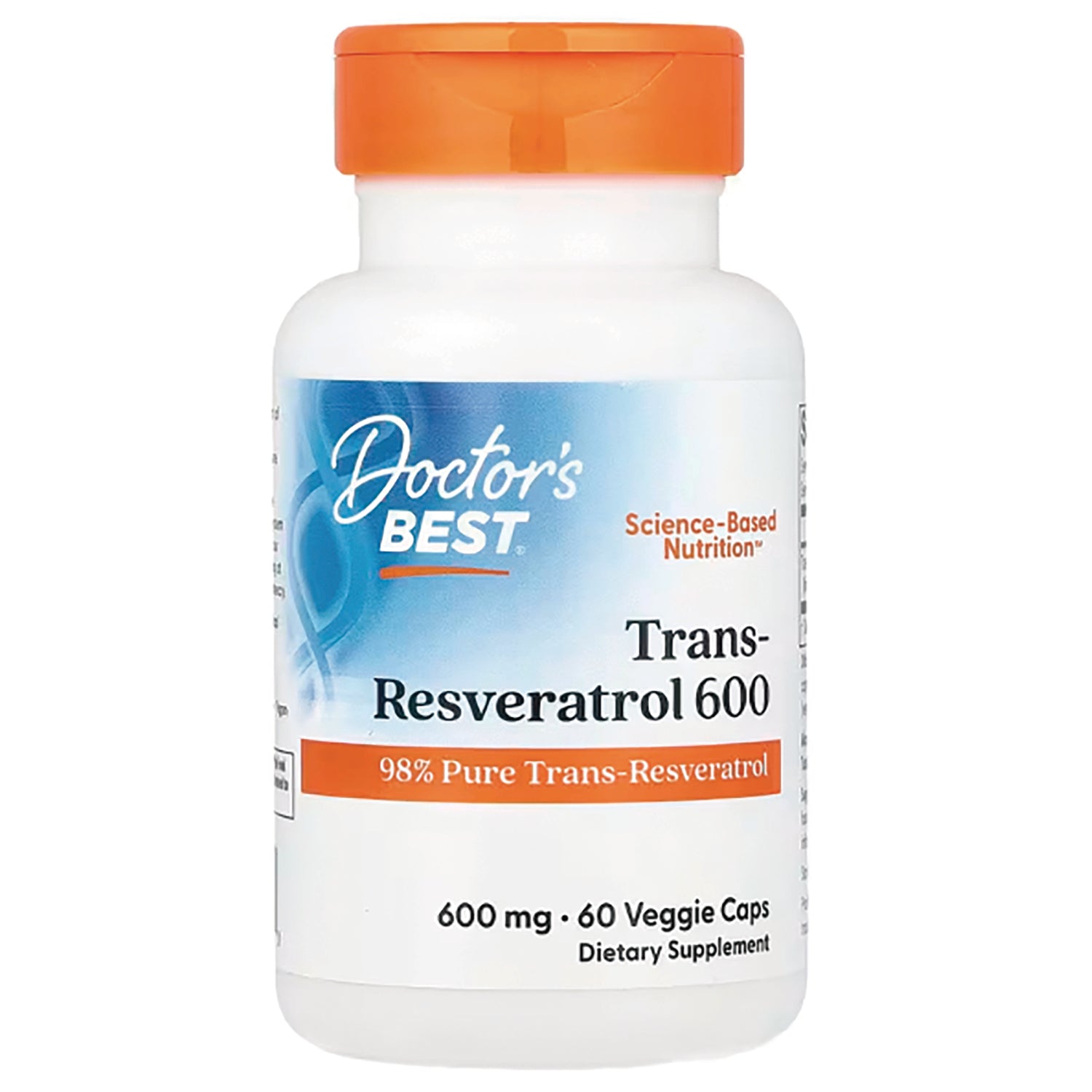 DB291 | Doctor's Best Trans-Resveratrol 600 bottle with label reading 98% Pure Trans-Resveratrol, 600 mg 60 veggie caps