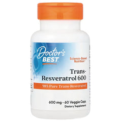 DB291 | Doctor's Best Trans-Resveratrol 600 bottle with label reading 98% Pure Trans-Resveratrol, 600 mg 60 veggie caps
