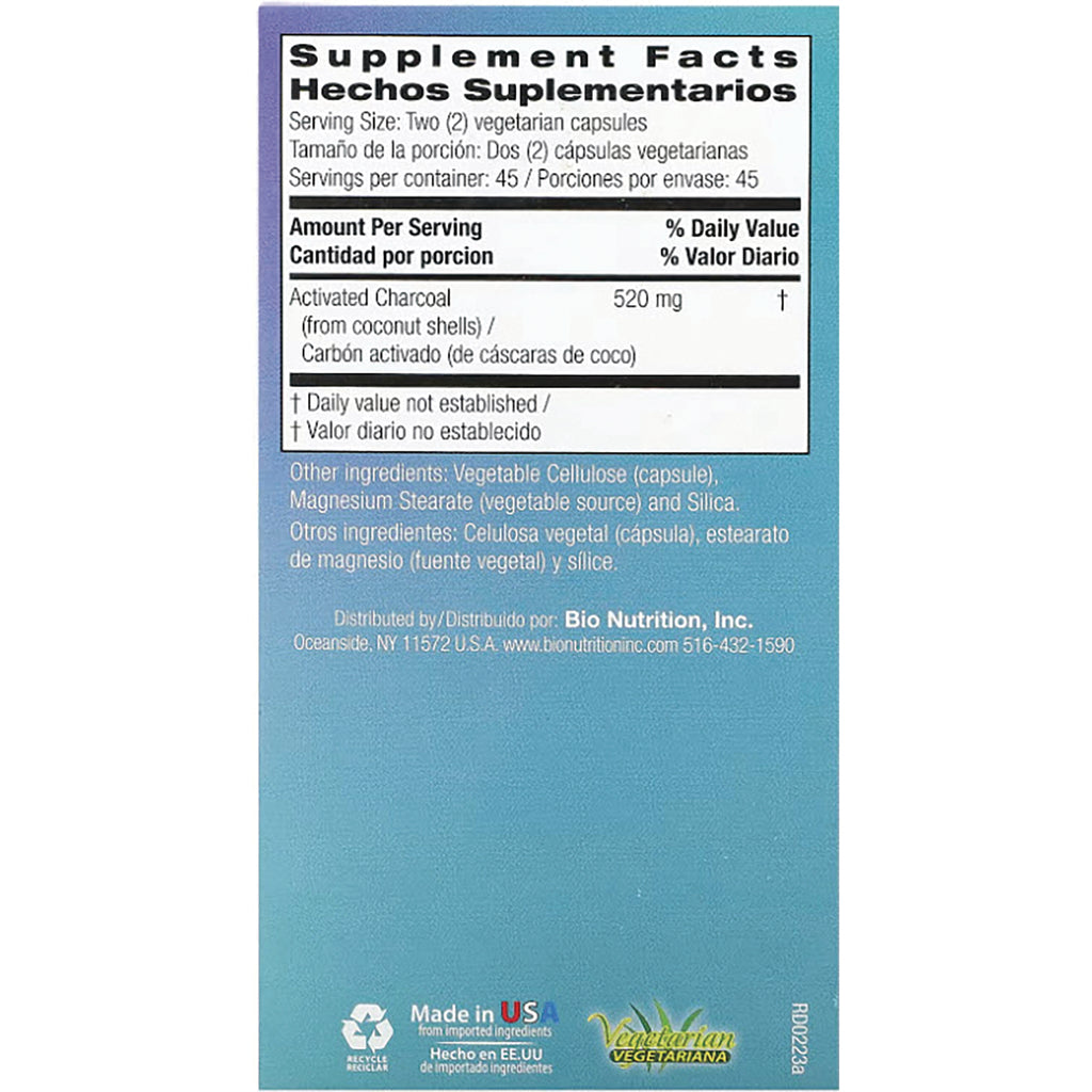 BNN060 | Back label Supplement Facts for Activated Charcoal, serving size 2 vegetarian capsules, 520 mg - Thumbnail
