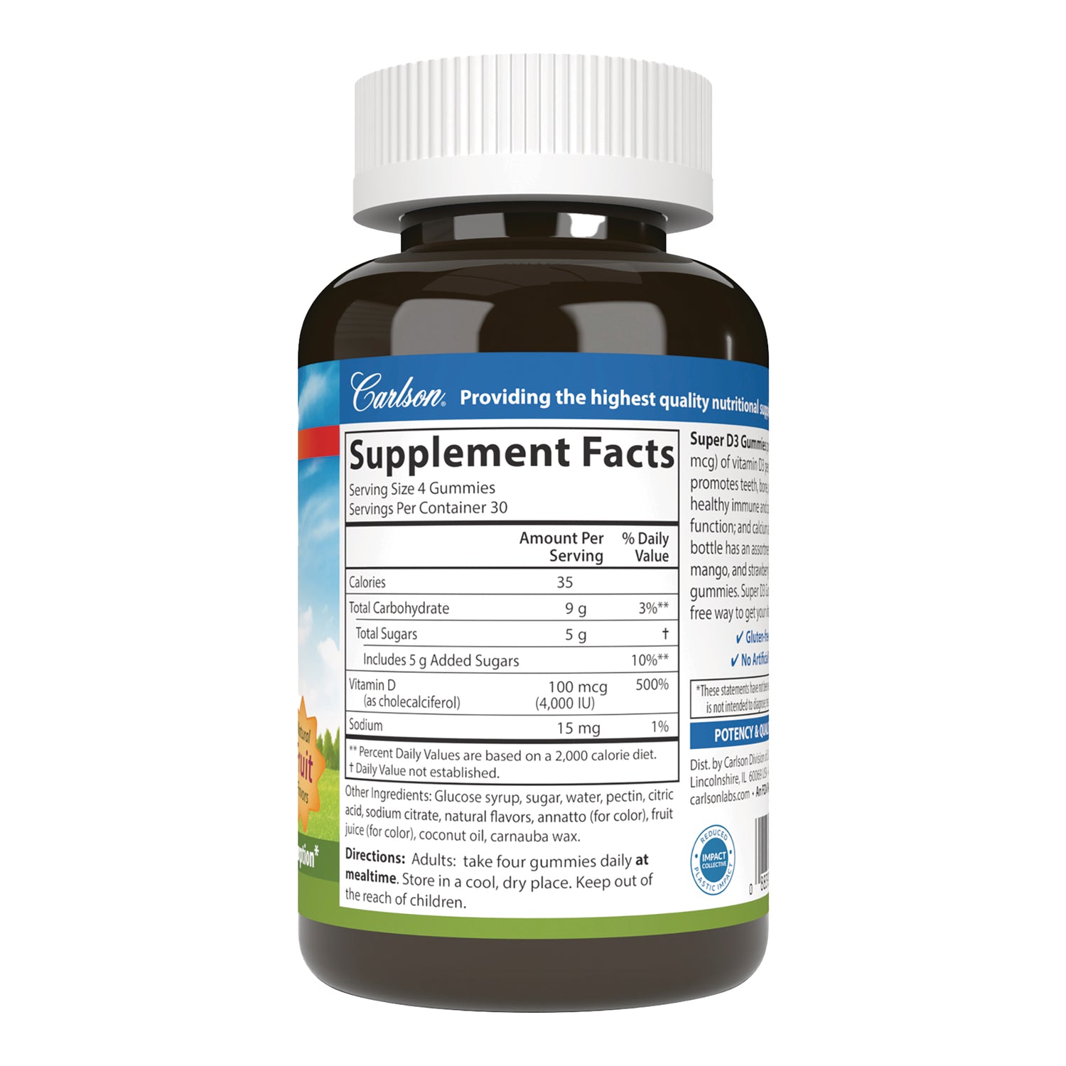 CSN279 | bottle back label showing Supplement Facts panel, nutrition facts and directions for gummy supplement