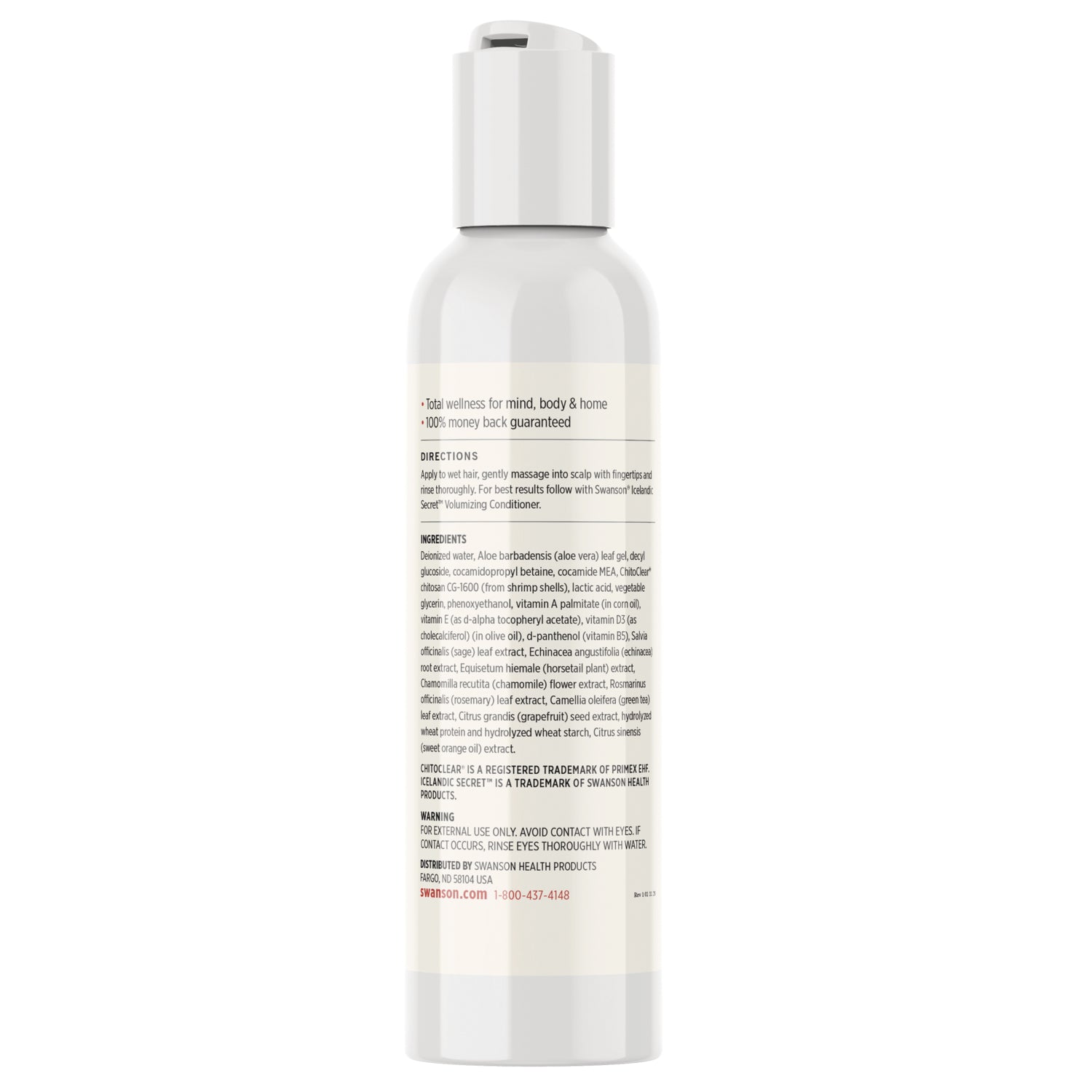 SWU882 | Back label with Ingredients, Directions, and Warning for Swanson Icelandic Secret Volumizing Shampoo