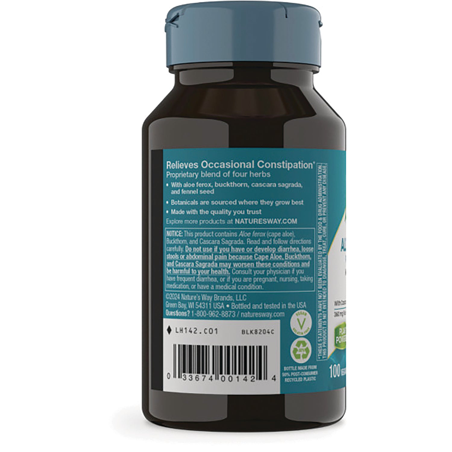 NW714 | Back label of brown supplement bottle showing Relieves Occasional Constipation text, ingredient notice and barcode