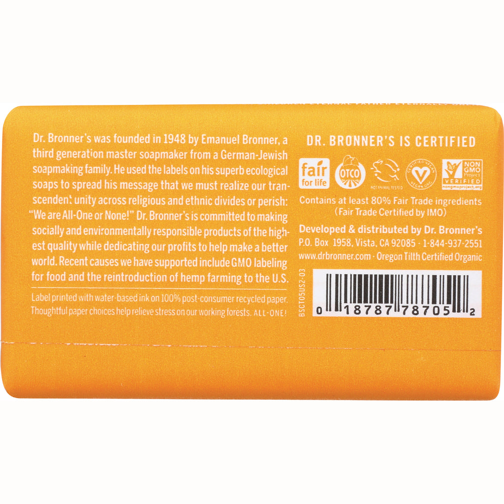 DRB020 | Orange soap bar back label showing company story text, certification icons and barcode - Thumbnail