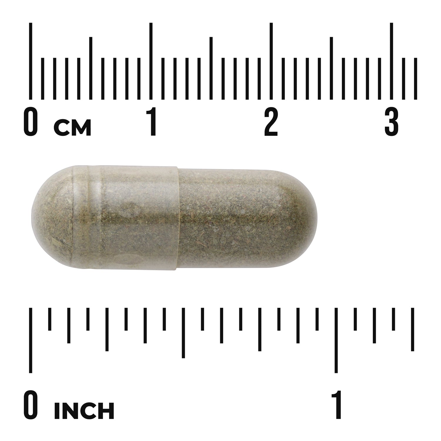 SW1261 | Clear capsule filled with green powder next to centimeter and inch rulers showing 0 CM and 0 INCH