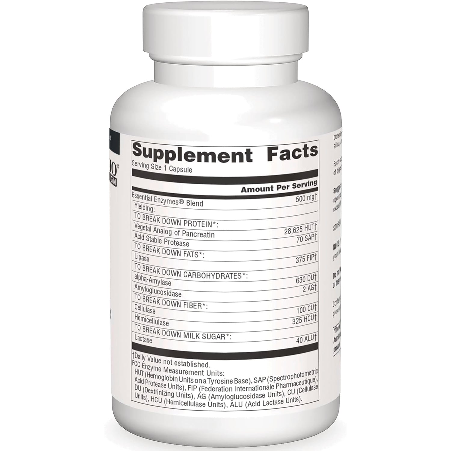 SN442 | Supplement Facts label panel showing serving size 1 capsule and Essential Enzymes blend 500 mg
