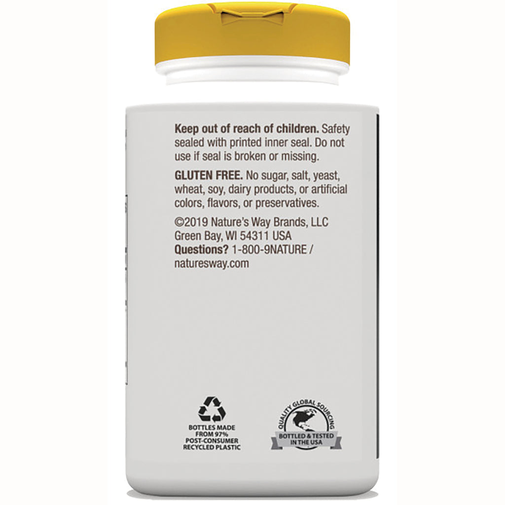 NW344 | Back label of white supplement bottle showing safety and GLUTEN FREE statement, contact info and recycling icons - Thumbnail