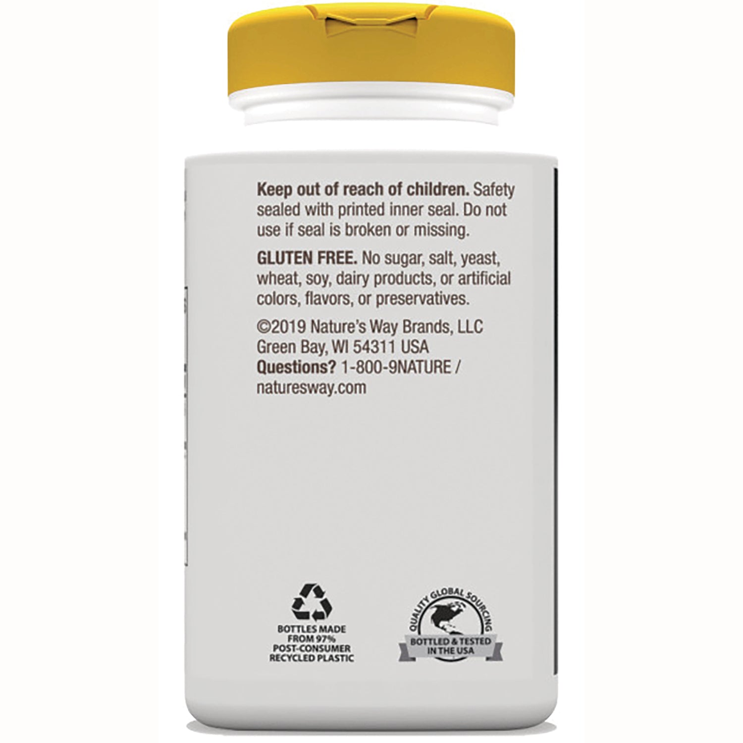 NW344 | Back label of white supplement bottle showing safety and GLUTEN FREE statement, contact info and recycling icons