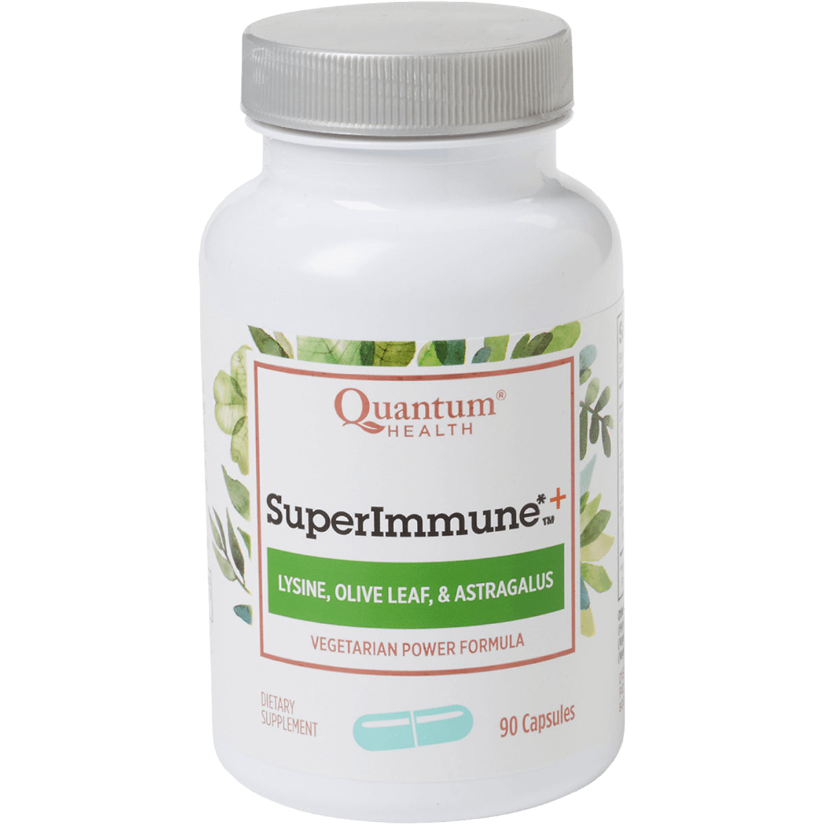 QU036 | Quantum Health SuperImmune+ supplement bottle, Lysine Olive Leaf & Astragalus, 90 capsules